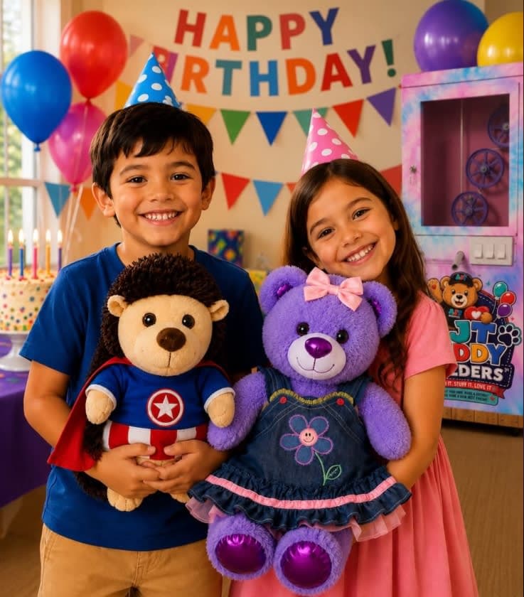 Children smiling while holding the stuffed animals they built and dressed at an AJT Buddy Builder Party