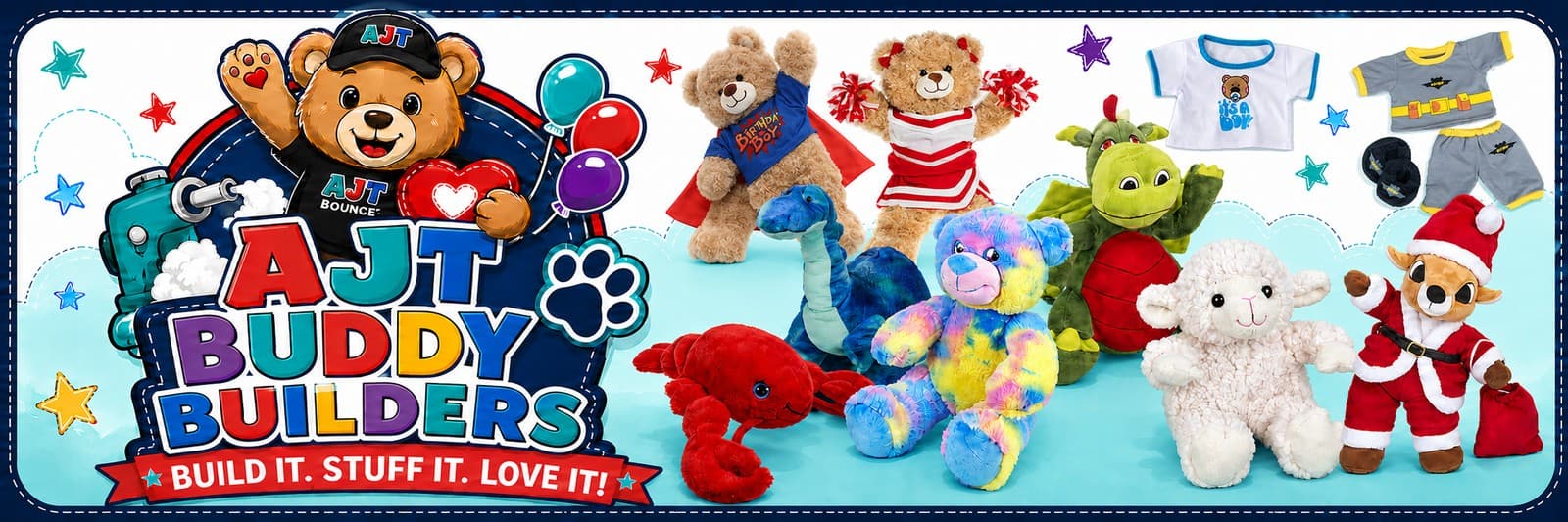 AJT Buddy Builders lineup: the friendly AJT bear mascot beside a row of build-your-own stuffed animals including bears, a dragon, a lamb, a lobster, a dinosaur, and a reindeer, with tiny outfits